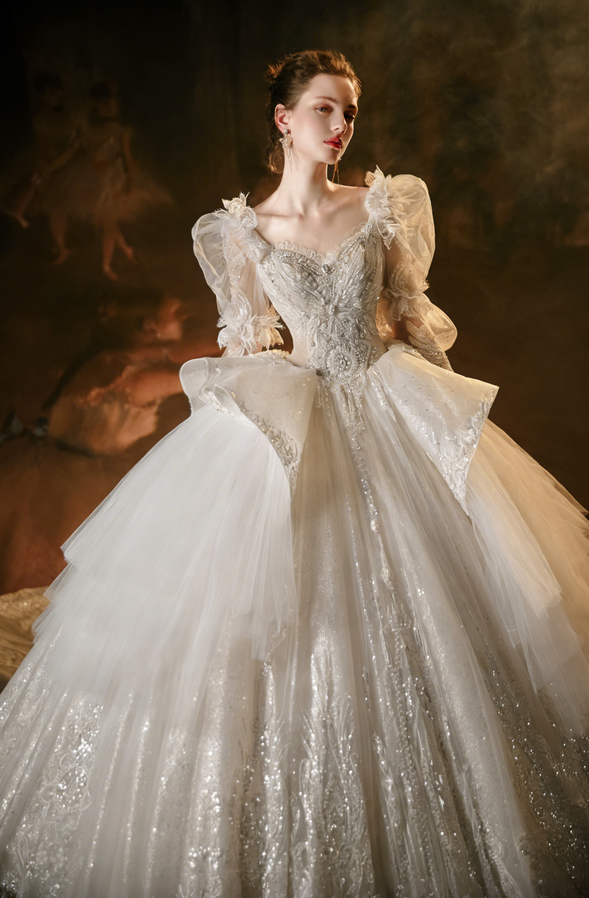 Luxury Ball Gown Wedding Dress with Puff Sleeves & Embroidered Tulle