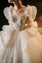 Luxury Ball Gown Wedding Dress with Puff Sleeves & Embroidered Tulle