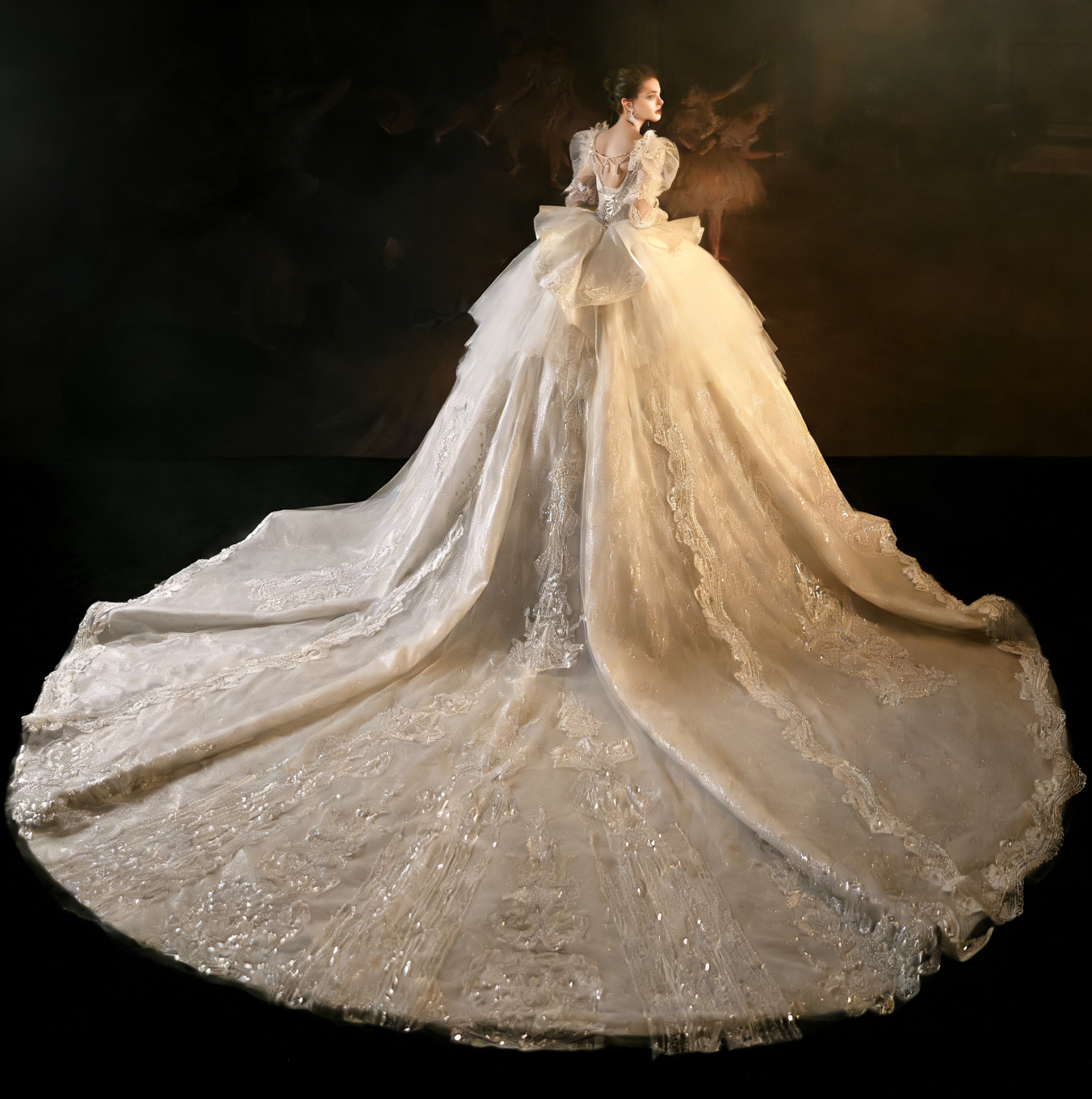Luxury Ball Gown Wedding Dress with Puff Sleeves & Embroidered Tulle