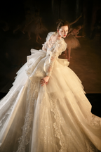 Luxury Ball Gown Wedding Dress with Puff Sleeves & Embroidered Tulle