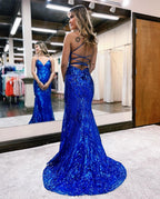 V Neck Spaghetti Straps Backless Royal Blue Sequin Long Prom Dress