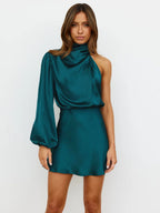 Autumn Winter Women Clothing Evening Dress: High Grade Satin One Shoulder Elegant Dress