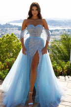 Split Front Sky Blue Off-the-Shoulder Tulle Prom Dress with Sequin Embellishments