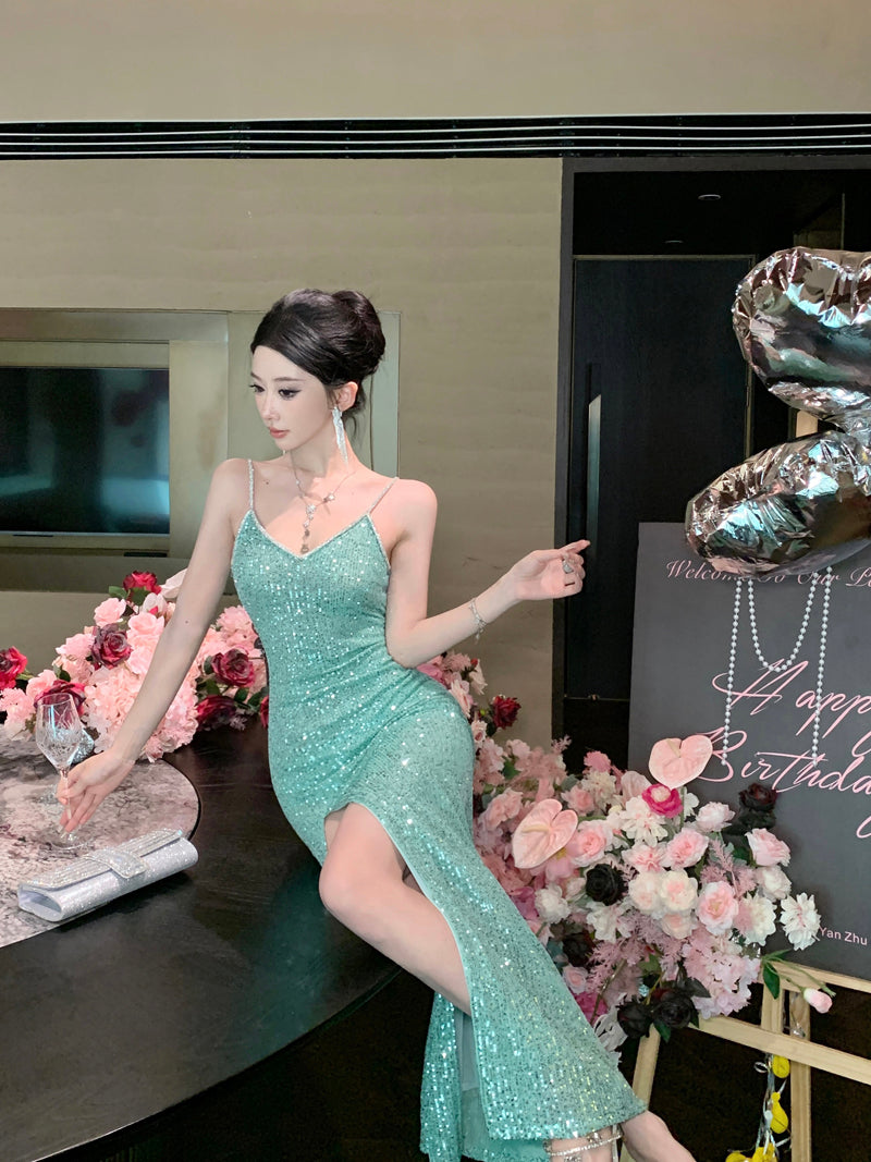 Green Sequin High-Slit Evening Dress – Elegant Party & Formal Gown