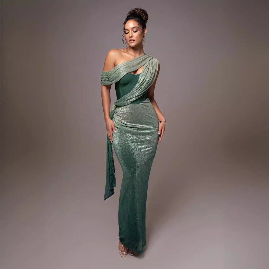 Solid Color Sleeveless Strapless Slit Prom Dress