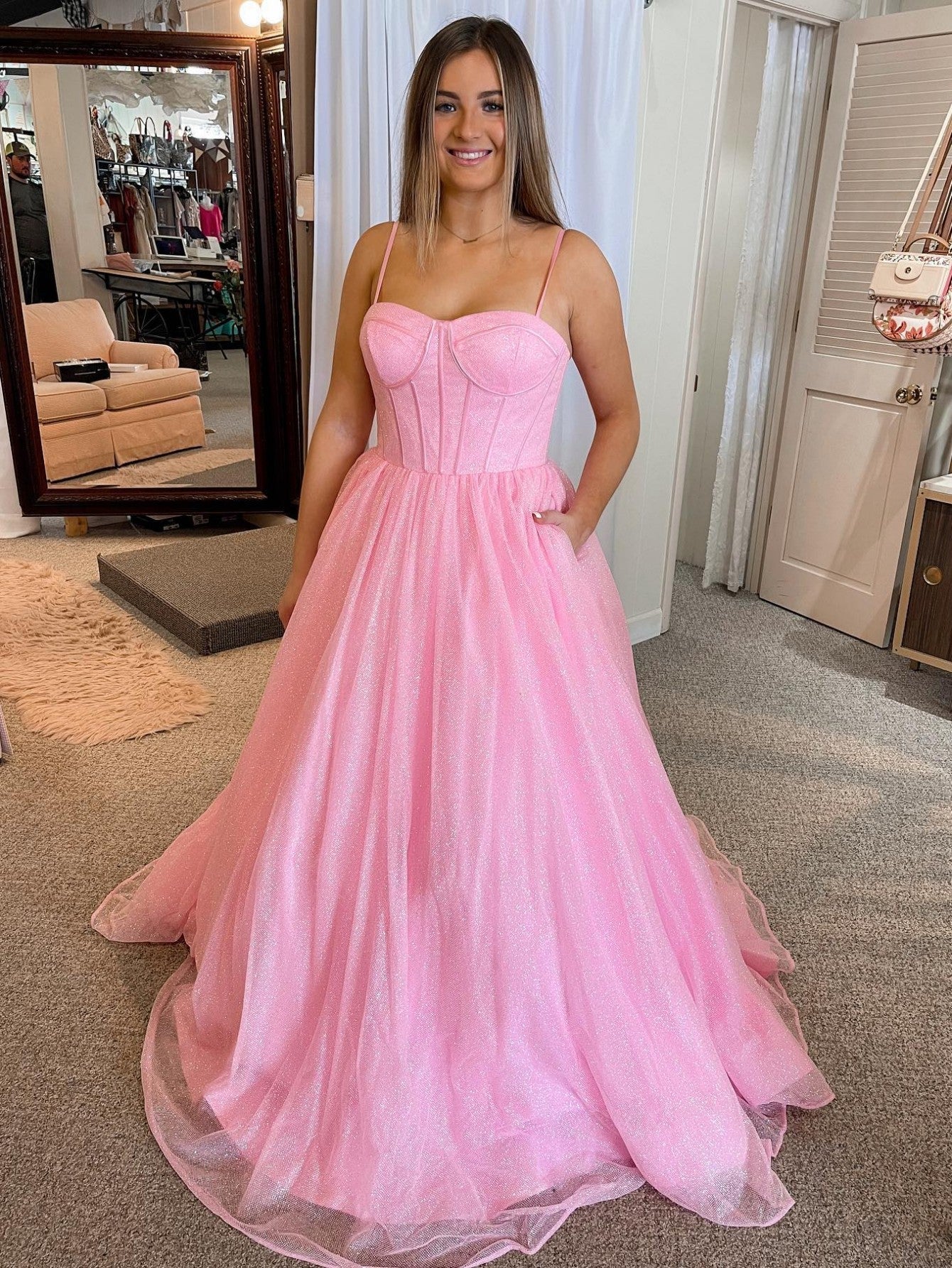 A Line Glitter Tulle Prom Dress with Pockets