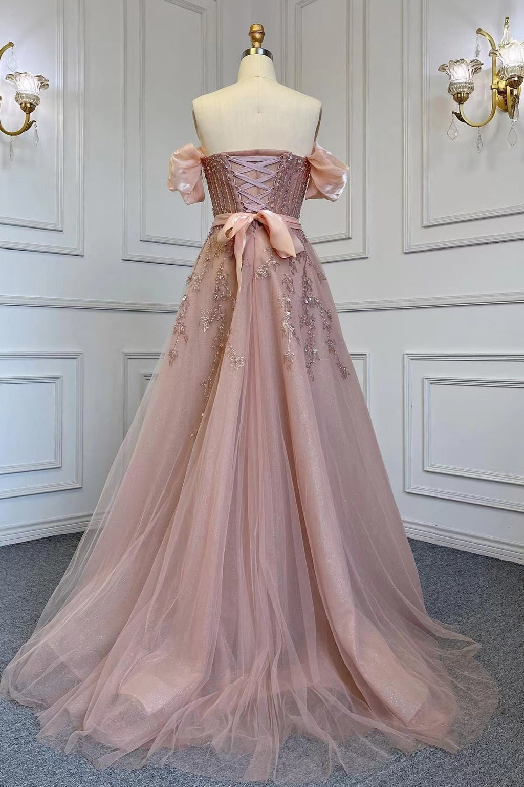 Long A-line Off The Shoulder Bubble Sleeves Formal Prom Dress