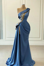 Elegant Long Mermaid One Shoulder Satin Prom Dress With Slit