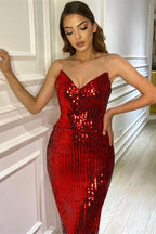 V Neck Mermaid Split Side Burgundy Long Prom Dress with Sequins
