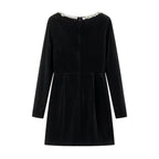 TARUXY Bead Drill Velveteen Dress For Women Long Sleeve Slim Black Formal Dress Female Party Elegant Retro Evening Dresses Femme