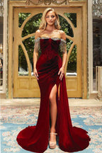 Fabulous Burgundy Long Velvet Off the Shoulder Mermaid Prom Dress with Ruffles