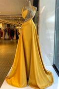 Fabulous Column Satin Halter Sleeveless Yellow Long Prom Dress With Beading