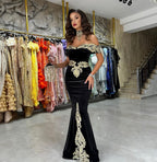 Fabulous Floor Length Off-The-Shoulder Mermaid Black Prom Dress with Appliques