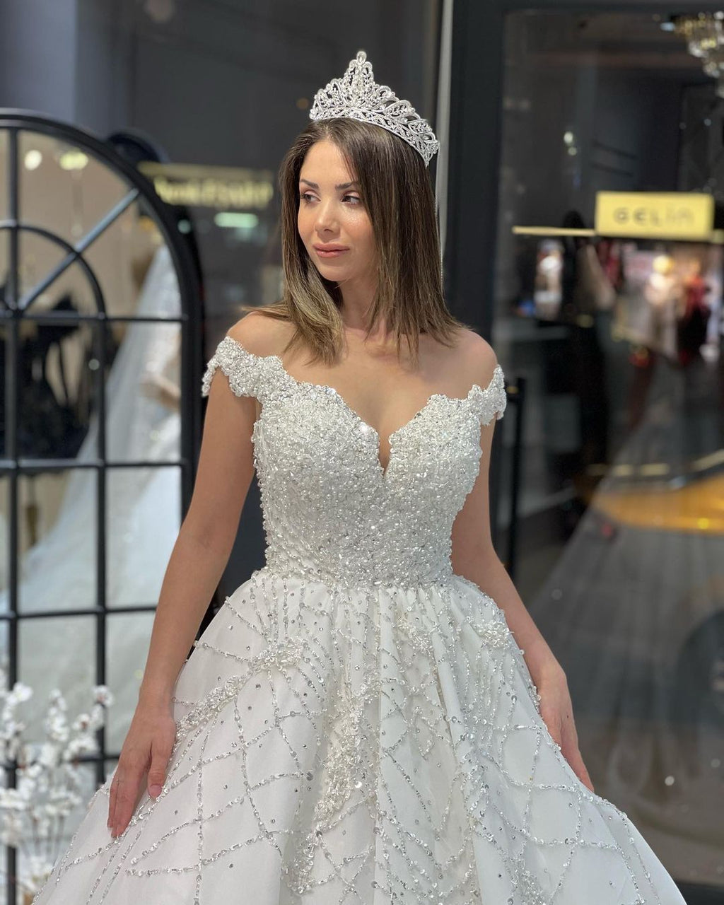 Fabulous Floor Length Sweetheart Off-The-Shoulder A-Line Sequined Wedding Dress with Ruffles