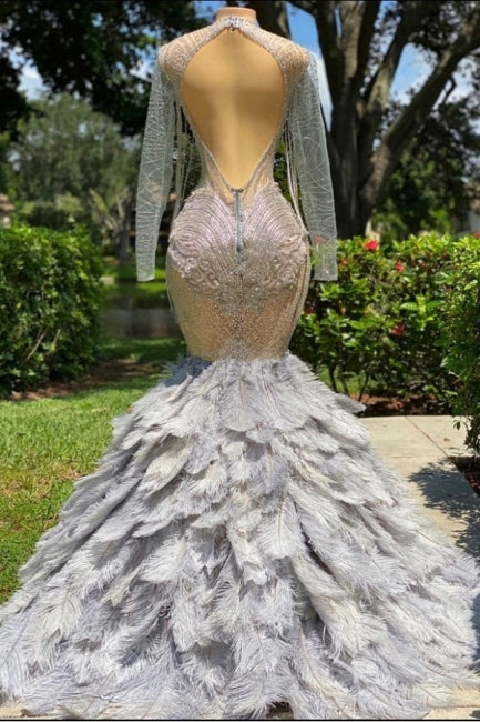 Fabulous Grey Sequined Beading Feather Mermaid Long Sleeves Tulle Prom Dress