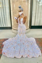 Fabulous High Neck Lace Floor-length Mermaid Prom Dresses