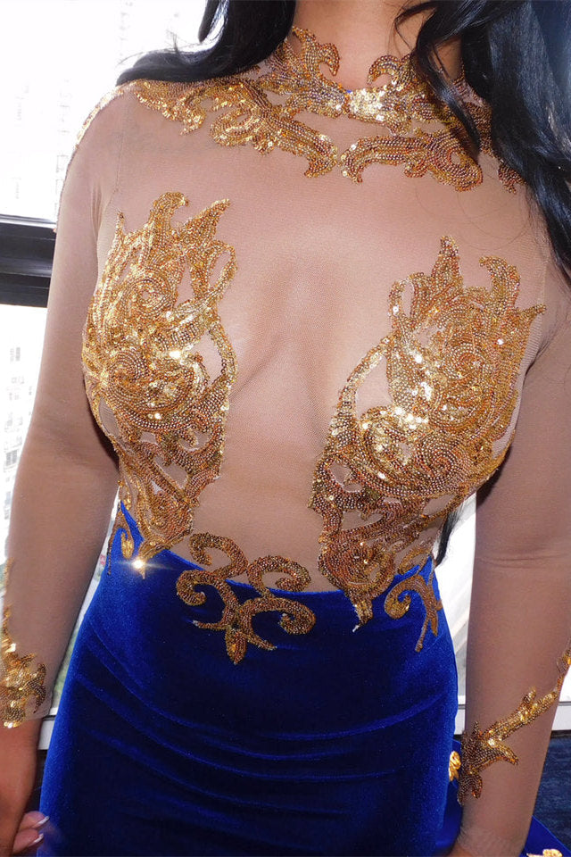 Fabulous High-neck Transparent lace Long Sleeve Appliques Lace Mermaid Prom Dresses
