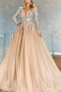 Fabulous Long A-line V-Neck Beading Tulle Prom Dress with Sleeves