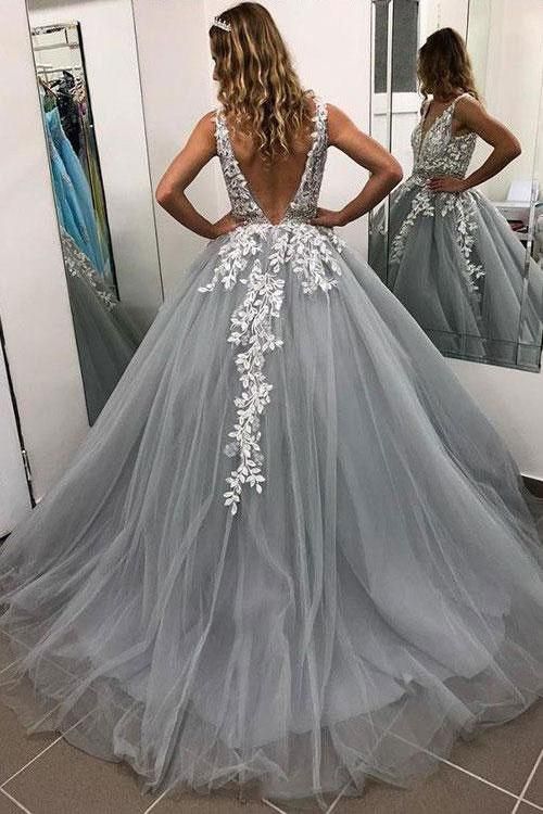 Fabulous Long A-line V-neck Spaghetti Straps Tulle Backless Prom Dress