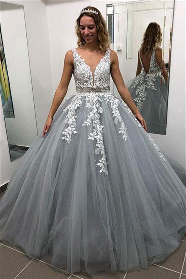 Fabulous Long A-line V-neck Spaghetti Straps Tulle Backless Prom Dress