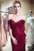 Fabulous Long Mermaid Off-the-shoulder Tulle Sequined Prom Dress
