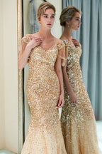 Fabulous Long Mermaid Off-the-shoulder Tulle Sequined Prom Dress