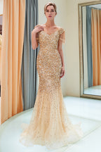 Fabulous Long Mermaid Off-the-shoulder Tulle Sequined Prom Dress