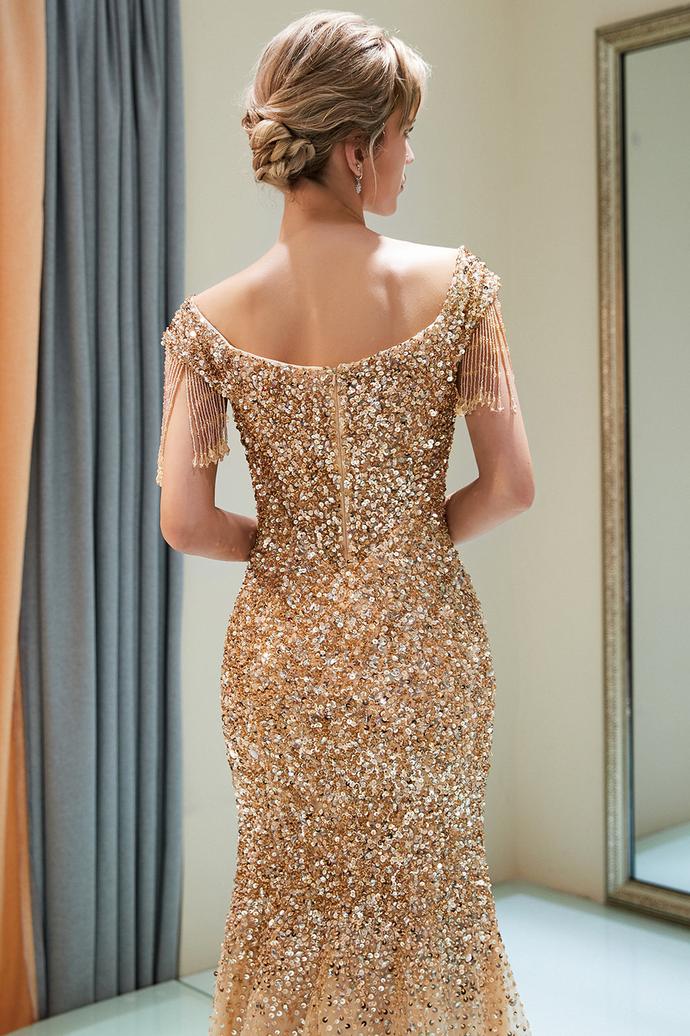 Fabulous Long Mermaid Off-the-shoulder Tulle Sequined Prom Dress