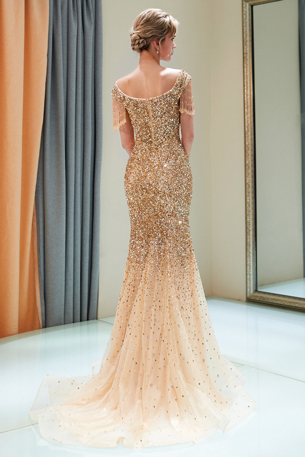 Fabulous Long Mermaid Off-the-shoulder Tulle Sequined Prom Dress