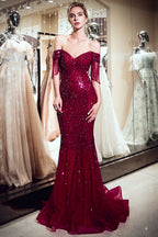 Fabulous Long Mermaid Off-the-shoulder Tulle Sequined Prom Dress