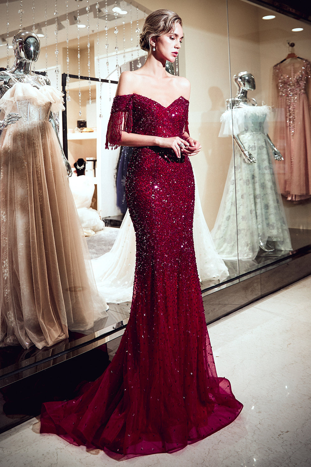 Fabulous Long Mermaid Off-the-shoulder Tulle Sequined Prom Dress