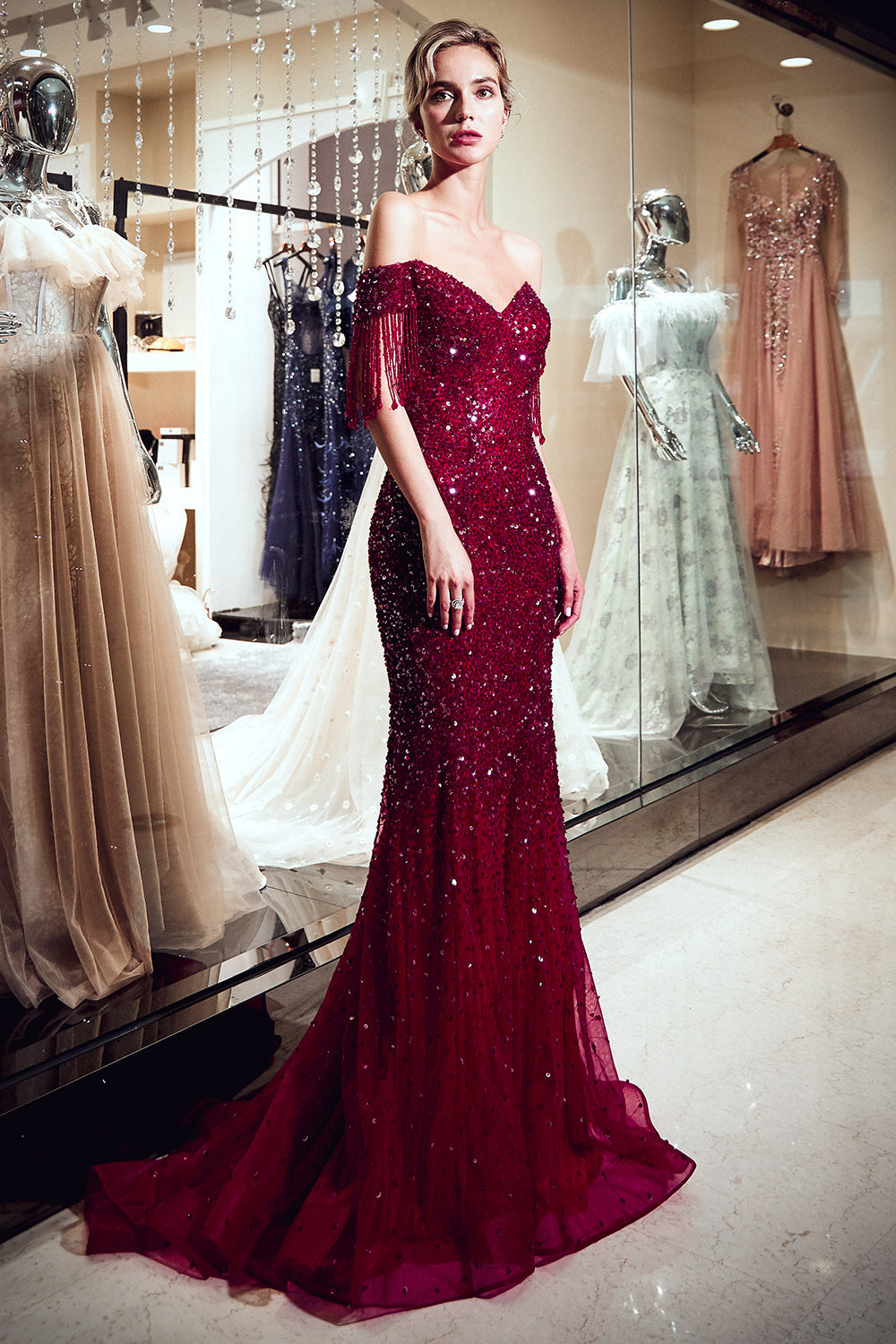 Fabulous Long Mermaid Off-the-shoulder Tulle Sequined Prom Dress