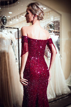 Fabulous Long Mermaid Off-the-shoulder Tulle Sequined Prom Dress