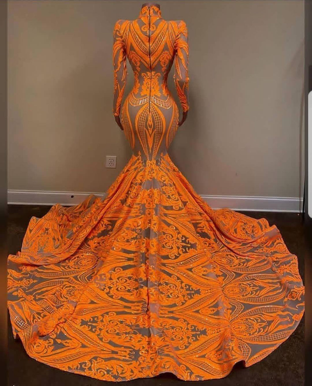 Fabulous Orange Halter Appliques Lace Long Sleeve Mermaid Prom Dresses