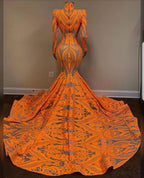 Fabulous Orange Halter Appliques Lace Long Sleeve Mermaid Prom Dresses