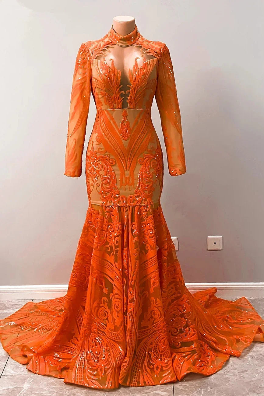Fabulous Orange Halter Appliques Lace Long Sleeve Mermaid Prom Dresses