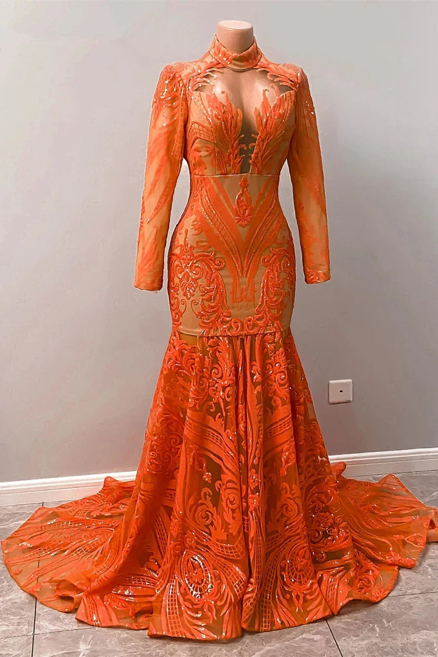 Fabulous Orange Halter Appliques Lace Long Sleeve Mermaid Prom Dresses