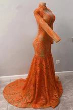 Fabulous Orange Halter Appliques Lace Long Sleeve Mermaid Prom Dresses