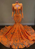 Fabulous Orange Halter Appliques Lace Long Sleeve Mermaid Prom Dresses