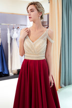 Fascinating Long A-line V-neck Beaded Stretch Satin Evening Dresses