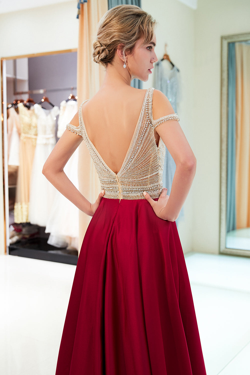 Fascinating Long A-line V-neck Beaded Stretch Satin Evening Dresses