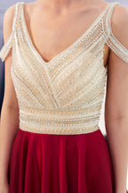 Fascinating Long A-line V-neck Beaded Stretch Satin Evening Dresses