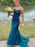 Fashion Long Mermaid Lace Backless Prom Dress Modest Formal Evening Dresses