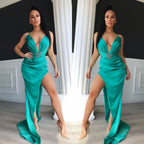 Sexy Long Mermaid V-Neck Satin Evening Prom Dress With Split