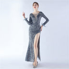 Handmade Sequin Craft Order Ostrich Feather Long Sleeve Evening Dress
