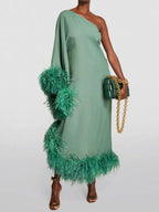 Spring Summer Women Clothing Feather One Shoulder Large Swing Evening Dress – Elegant and Stylish Option for Special Occasions