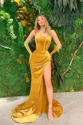 Long Strapless Velvet Mermaid Prom Dress with Split