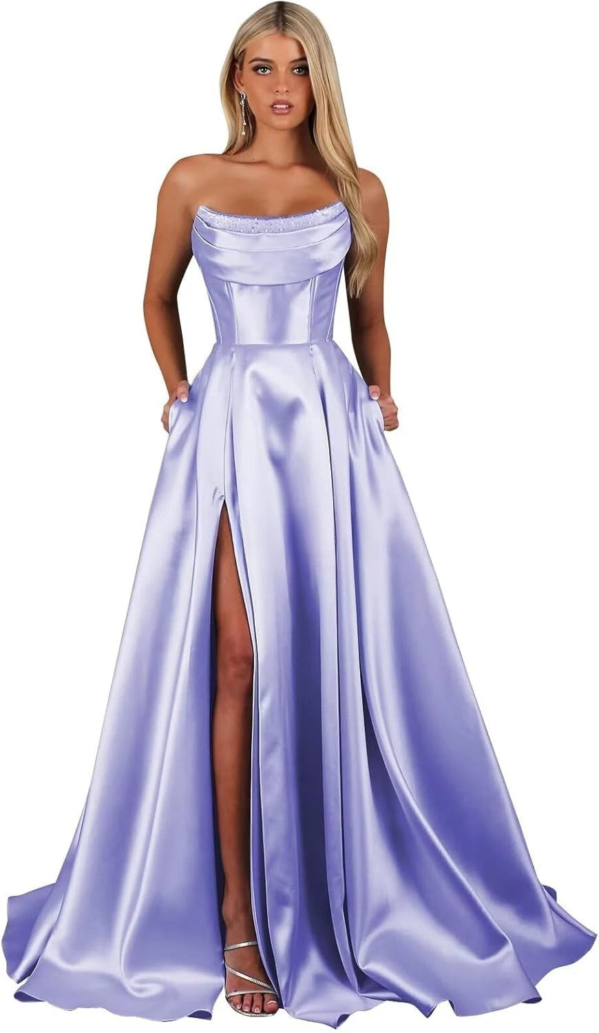 Strapless Corset Prom Dresses for Women with Slit Long Satin Formal Evening Gowns with Pockets Elegant Sleeveless Party Dress