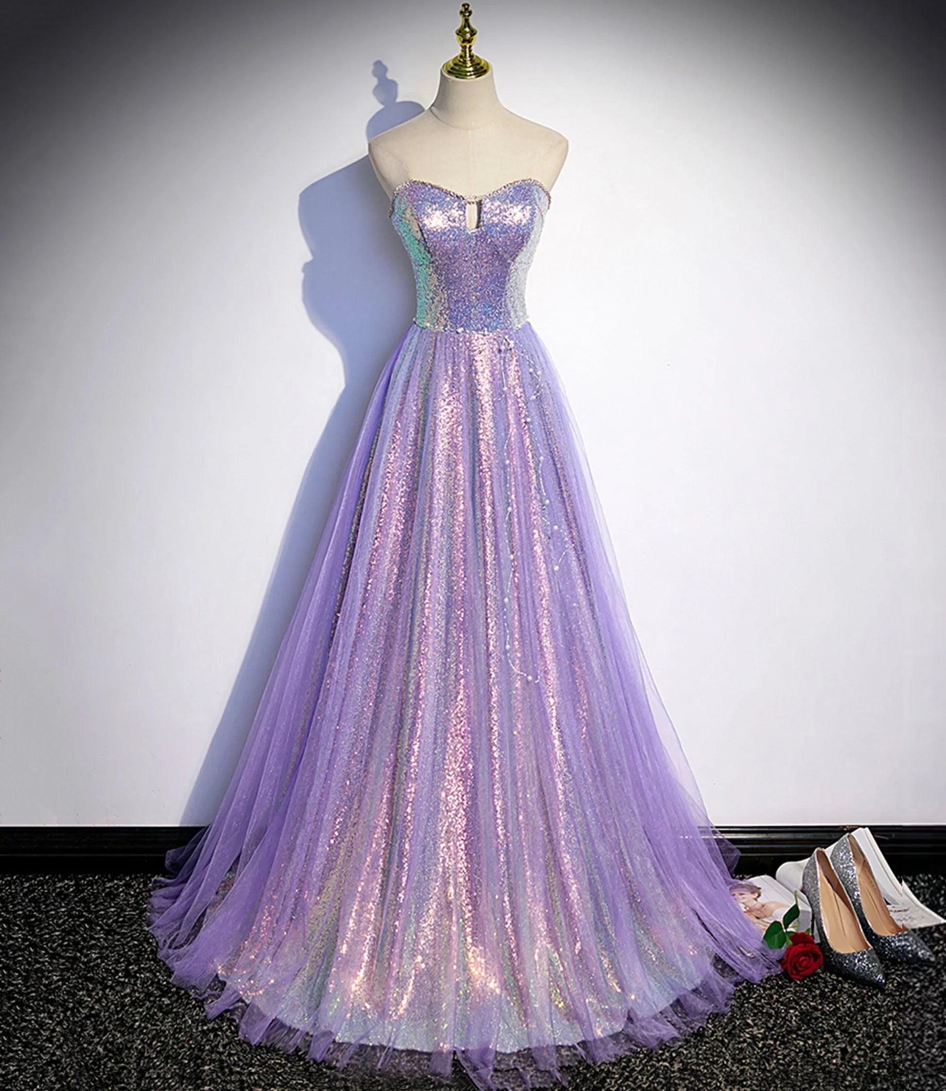 Purple tulle sequins long prom dress evening dress s84