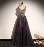 Stylish v neck tulle long prom dress A line evening dress s76